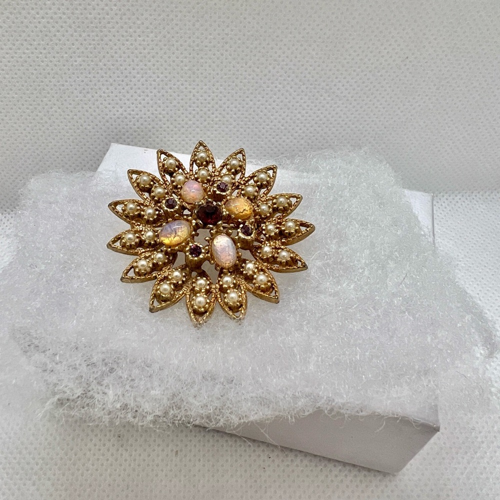 Starburst Brooch Mid-Century Sparkle! Pearls, Opals & Rhinestones Vintage